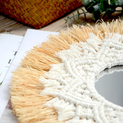 Macrame wall hanging with natural and white yarn on a magazine background boho home decor, boho wall mirror, macrame wall mirror, nordic decor, romantic wedding wall decoration, housewarming gift, round straw mirror, woven wall decor, tapestry mirror, boho bedroom wall accent, rustic mirror wall hanging