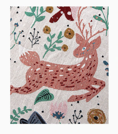 Decorative fabric with pink deer and floral patterns on a light background. Deer forest jacquard woven blanket with floral and woodland tapestry design – boho throw for sofa or bed, soft cotton blend decorative bedspread for cozy home décor.