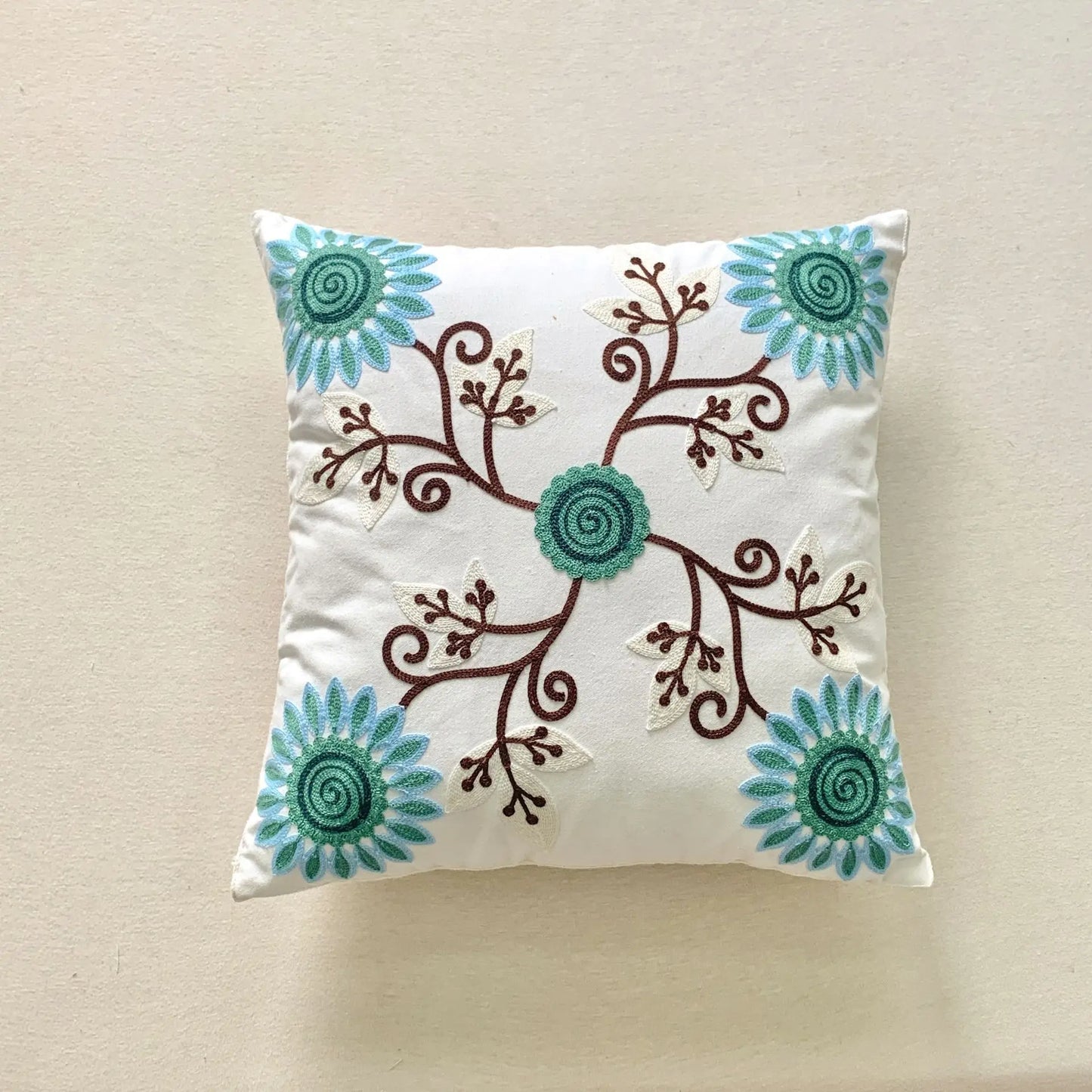 🌿 Green Leaf & Sunflower Embroidered Pillow Cover – 18 x 18 inches Boho Modern Cushion Cover for Sofa, Chair, or Car