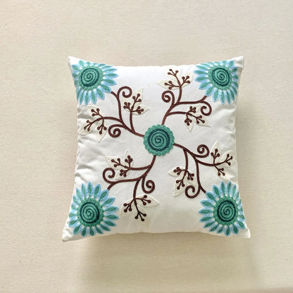 🌿 Green Leaf & Sunflower Embroidered Pillow Cover – 18 x 18 inches Boho Modern Cushion Cover for Sofa, Chair, or Car