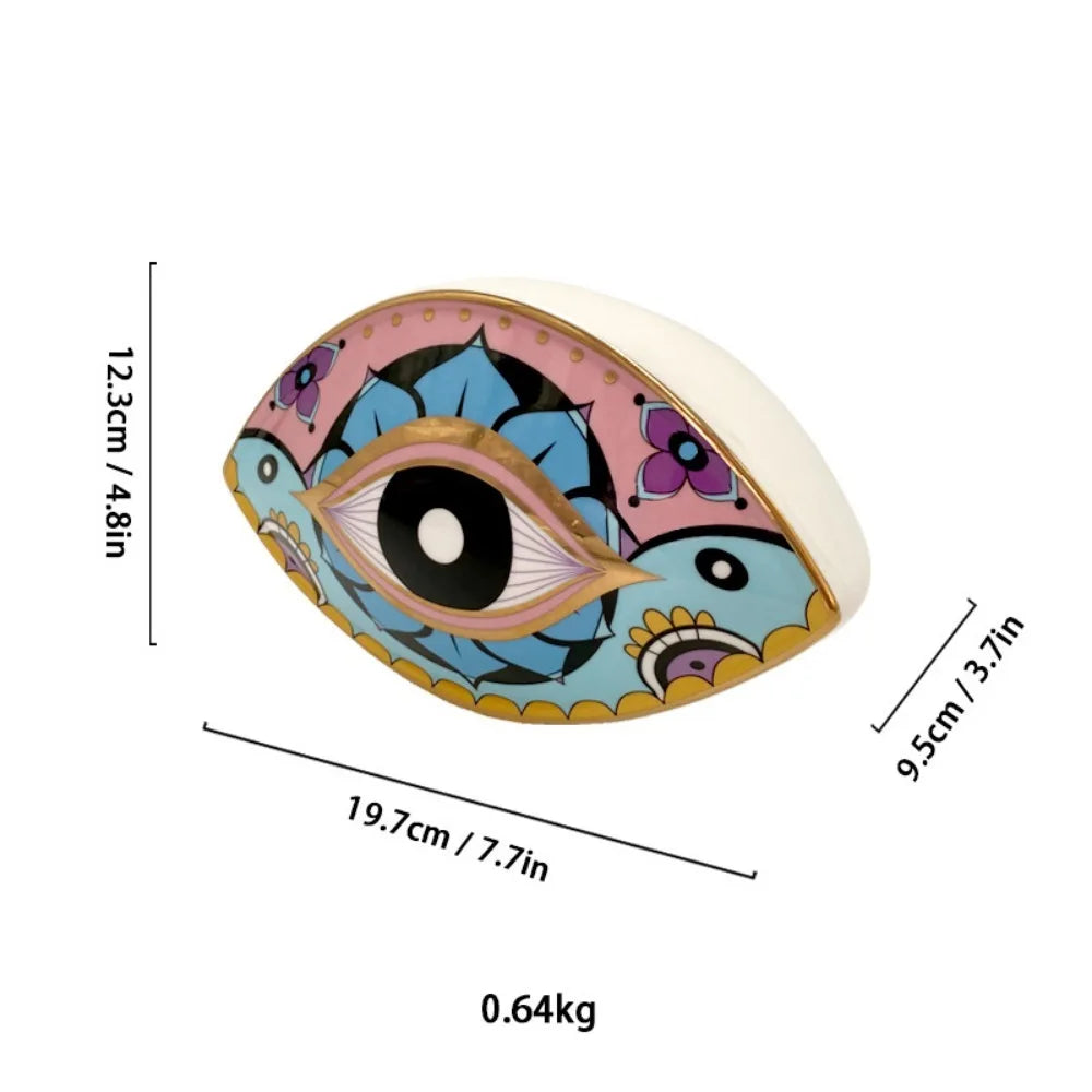 Moroccan Turkish blue evil eye ceramic figurine, unique bohemian home decor accent perfect for eclectic and boho home styles, adds soulful vibes and a cozy touch to any room, great for gifting as a boho home decor gift or housewarming present.