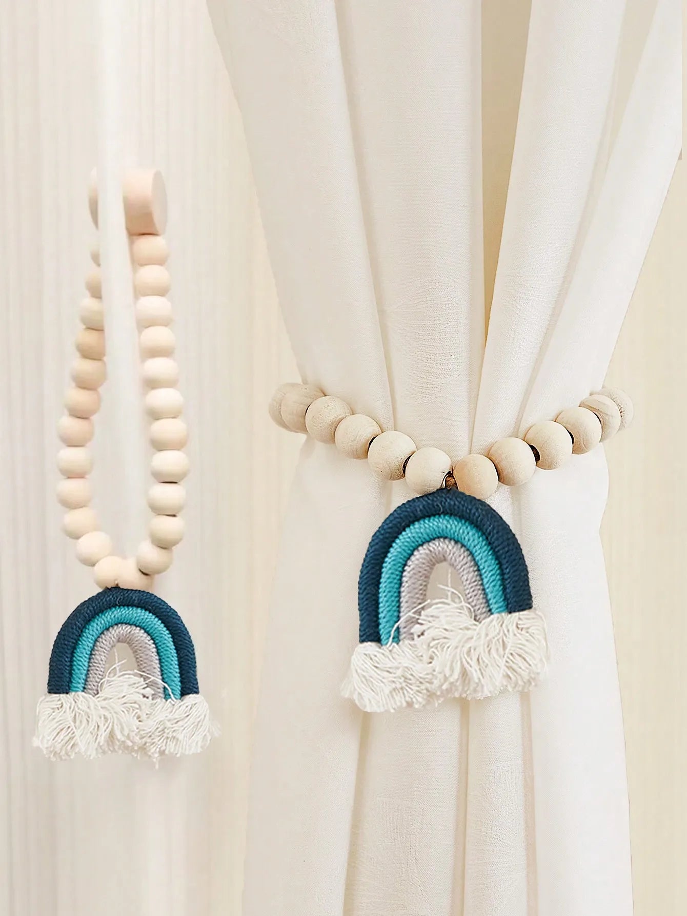 Magnetic Rainbow Macrame Curtain Tiebacks – Wooden Bead & Hemp Rope Holdbacks for Boho Home Decor