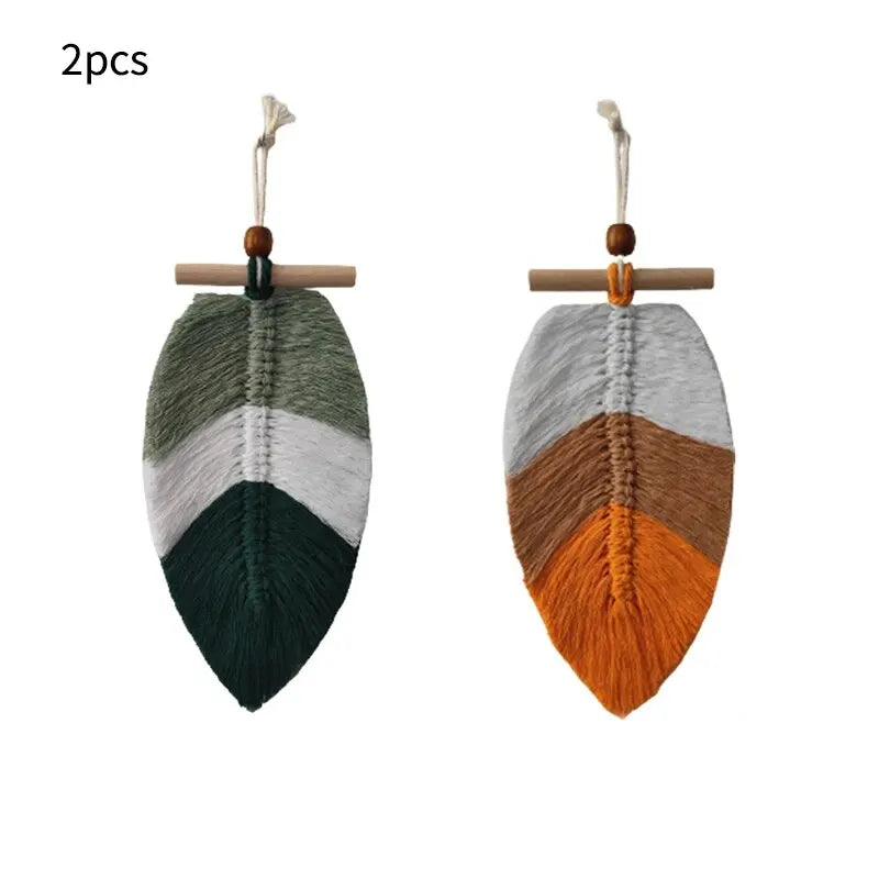 Bohemian Woven Leaf Wall Hanging – Set of 2 Cotton Thread Tapestries