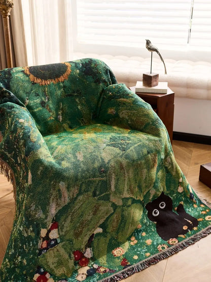 Cat Woven Throw Blanket – Jacquard Tapestry Sofa Cover for Cozy Home & Picnic Use