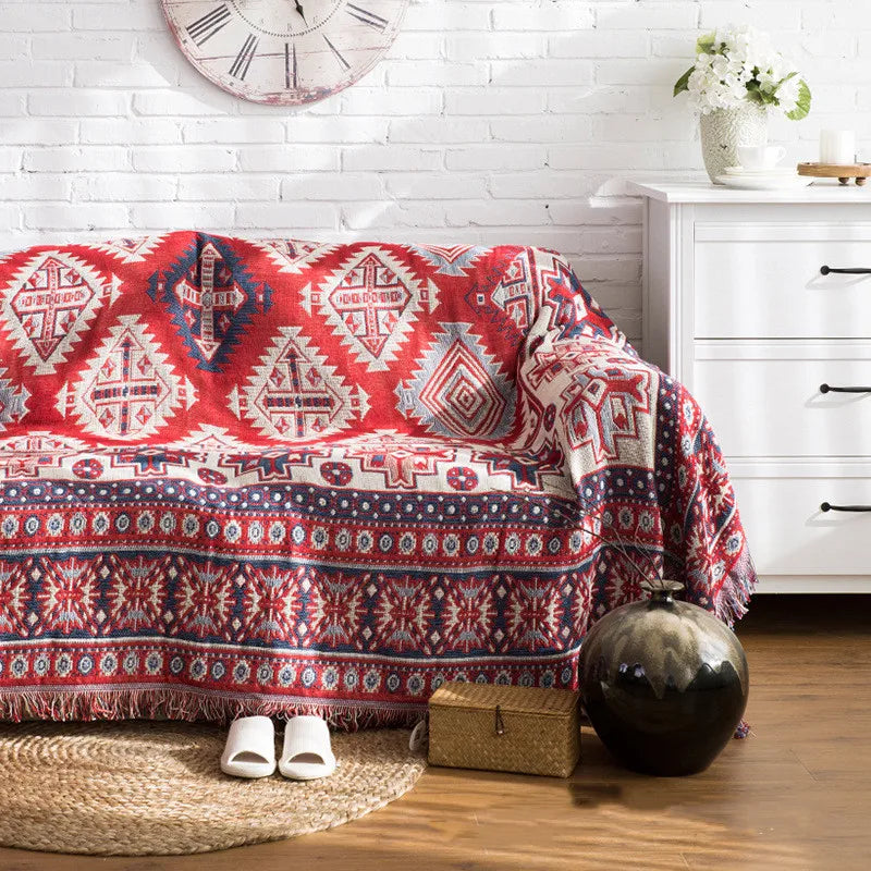 Boho Chenille Woven Colorful Aztec Throw Blanket - Rust