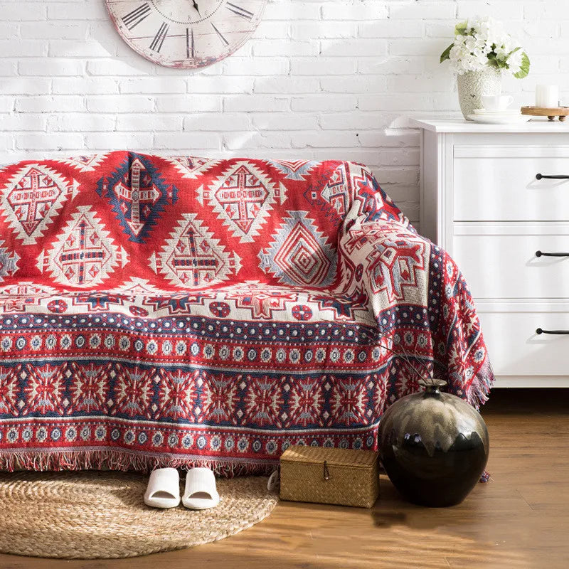 Boho Chenille Woven Colorful Aztec Throw Blanket