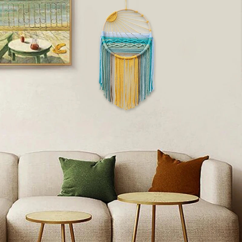 Sunrise & Sunset woven boho wall hanging displayed on wall, Nordic style cotton tapestry featuring warm earthy tones, perfect for boho home decor and eclectic interior design ideas, adds cozy bohemian vibes and textured aesthetic home decor to any living room or bedroom.