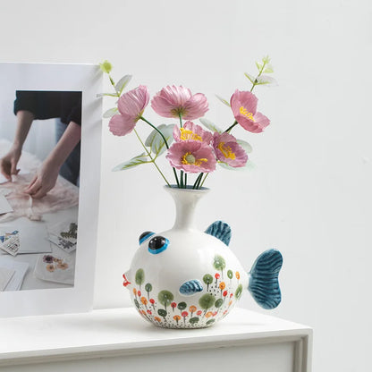 Hand-Painted Ceramic Fish Vase – Modern Boho Home Decor, Wavy Pattern, Colorful Cartoon Fish Flower Pot
