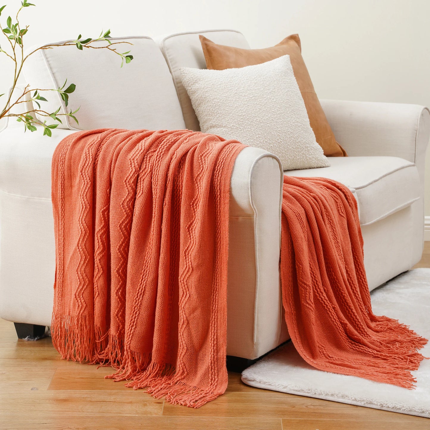 Boho Knit Throw Blanket – Soft Lightweight Acrylic Blanket with Tassels