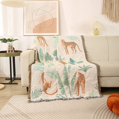 Boho Tassel Throw Blanket Leaves and Cheetahs