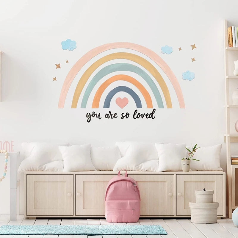 Boho Large Rainbow Beige Pink Watercolor Wall Sticker Vinyl DIY Removable Wall Decals Nursery Girls Room Playroom Home Decor Flowers Clouds Butterflies Hearts