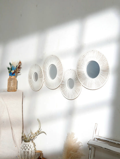 Round Wall Mirror Hanging Decorative Mirrors With Woven Hemp Rope Boho Wall Decor for Bedroom Living Room