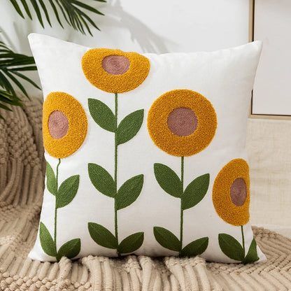 Vintage floral embroidered Sunflower pillowcase styled on a sofa, boho throw cushion cover adds texture and charm to bohemian home decor, perfect for cozy living room decor, eclectic home styling, and unique boho gifts under $50