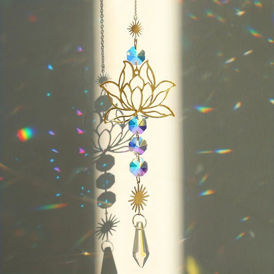 Metal Lotus & Crystal Boho Suncatcher – Handmade Sunlight Charm for Home & Garden