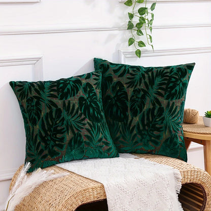 Tropical Green Leaf Chenille Cushion Cover – Jacquard Throw Pillow Cover for Boho Home Decor