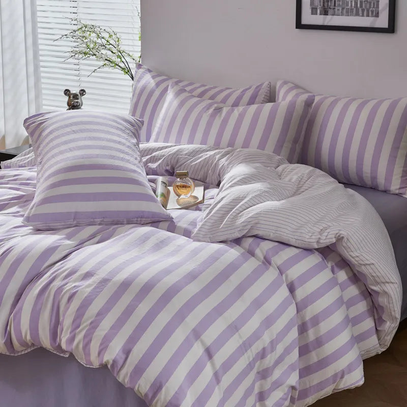 Liliac Purple Boho Striped Microfiber Bedding Set – 4-Piece Soft & Cozy Duvet Cover Set with Pillowcases & Flat Sheet