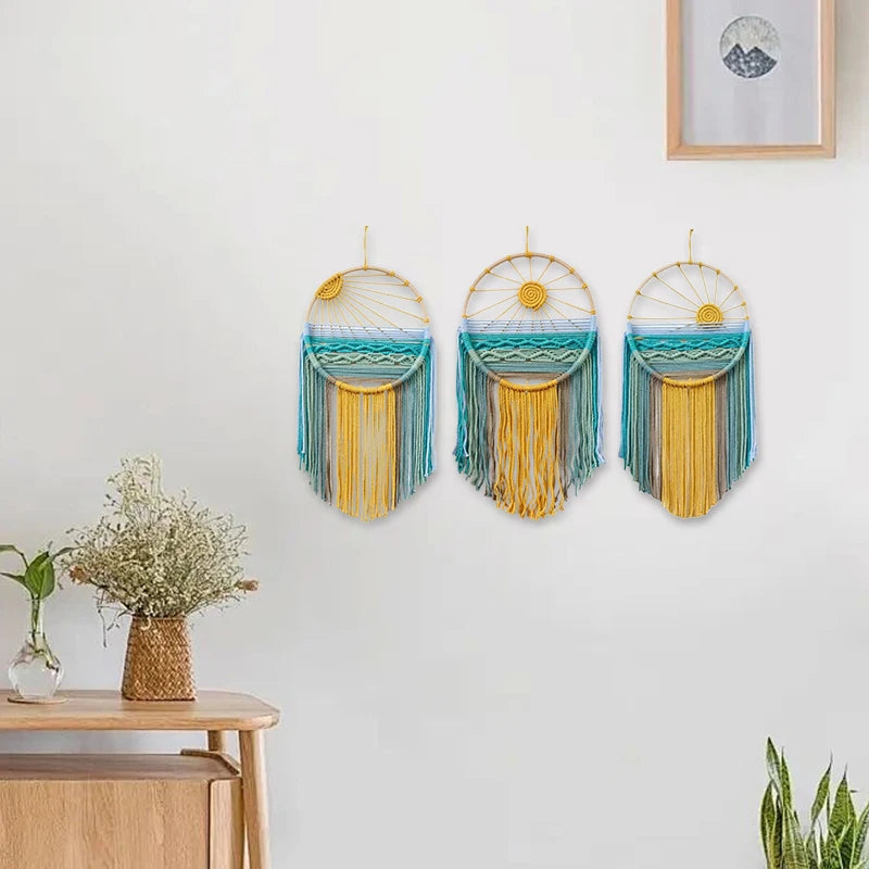 Sunrise & Sunset woven boho wall hanging displayed on wall, Nordic style cotton tapestry featuring warm earthy tones, perfect for boho home decor and eclectic interior design ideas, adds cozy bohemian vibes and textured aesthetic home decor to any living room or bedroom.