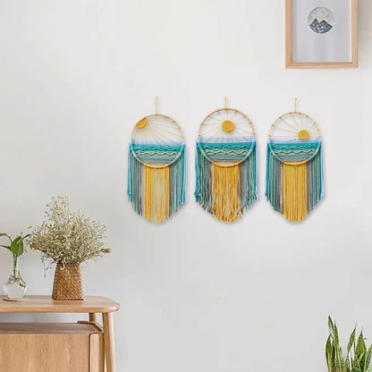 Sunrise & Sunset woven boho wall hanging displayed on wall, Nordic style cotton tapestry featuring warm earthy tones, perfect for boho home decor and eclectic interior design ideas, adds cozy bohemian vibes and textured aesthetic home decor to any living room or bedroom.