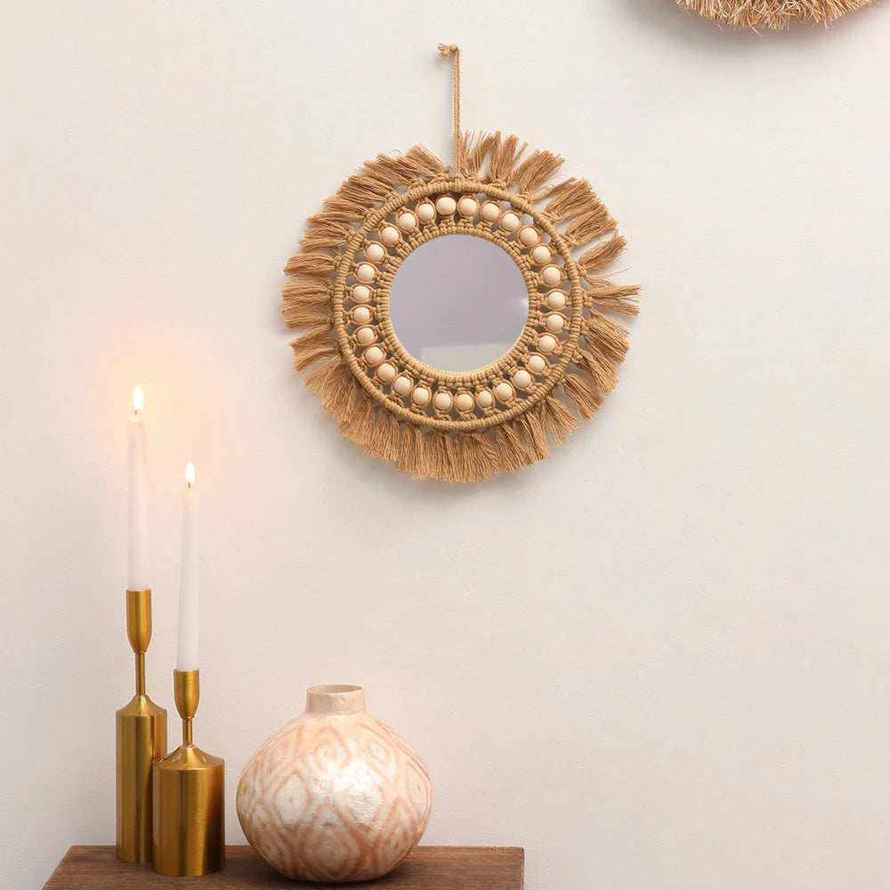 Boho Round Macrame Wall Mirror – Handwoven Decorative Hanging Mirror