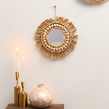 Boho Round Macrame Wall Mirror – Handwoven Decorative Hanging Mirror