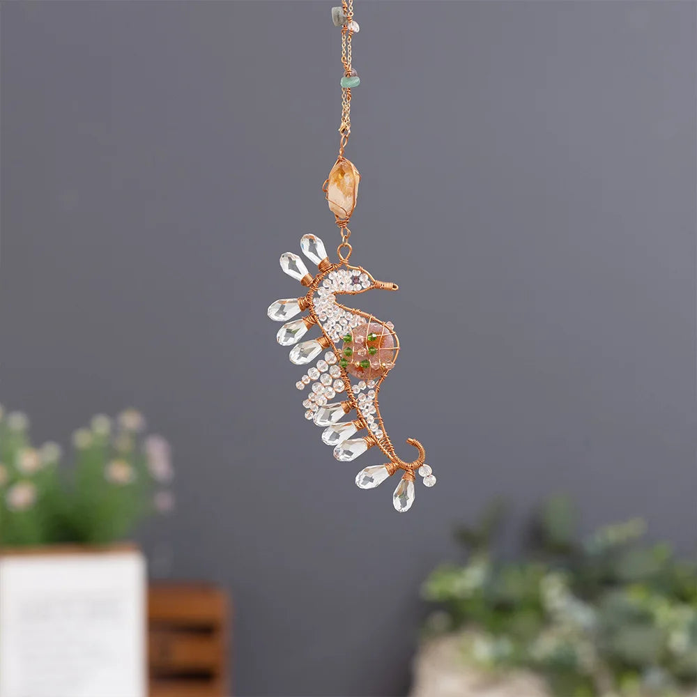 Decorative seahorse ornament with crystals on a gray background boho home decor, crystal wind chime, sun catcher for windows, moon prism chime, agate stone hanging, garden art decor, patio hanging decoration, boho housewarming gift, spiritual gift, crystal suncatcher, balcony decor, meditation decor, handmade crystal chime