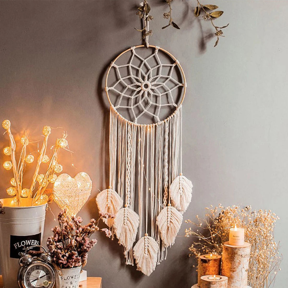 Boho Macrame Dream Catcher with Leaf Design – Handmade Tapestry Wall Hanging for Bedroom Decor