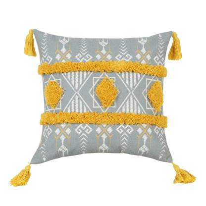 Yellow Geometric Tufted Throw Pillow Cover with Tassels – 18x18in Boho Home Decor Accent for Couch, Sofa & Bed Housewarming Gift