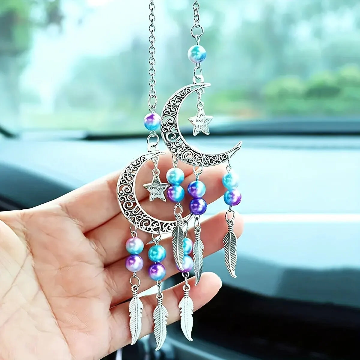 2pc Dreamcatcher Moon Wind Chime Set – Boho Metal Beaded Hanging Ornaments for Car, Window, or Home | Housewarming Gift