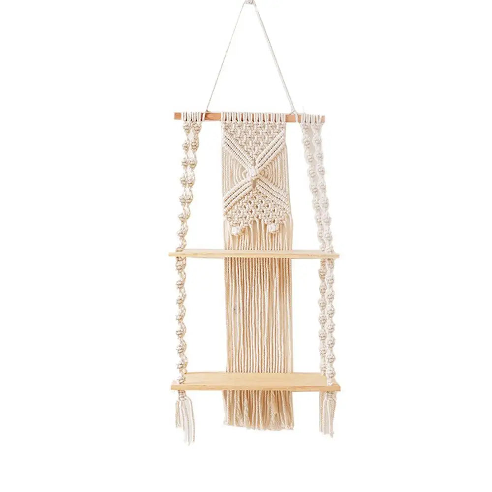 2 Tier Macrame Wall Hanging Floating Shelf Natural Cotton Rope Boho Home Decor Wooden Shelves Candle Holder Hangings Shelving