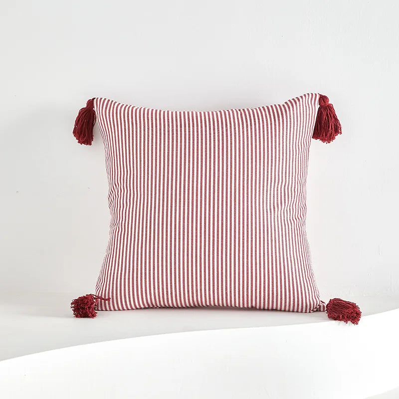 Classic Striped Cushion Cover 45x45cm Hawthorn Red Ivory Fabric Pillow Cover Boho Home Decoration Decor Pillowcase Tassels