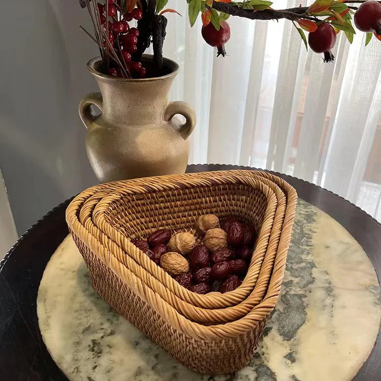 Wicker basket with dried fruits on a marble surface, vase with pomegranate branches in the background. boho home decor, rattan basket, handwoven wicker basket, fruit storage box, bread basket, picnic basket, natural storage bin, tea storage box, rustic home organization, farmhouse decor, housewarming gift, boho storage basket
