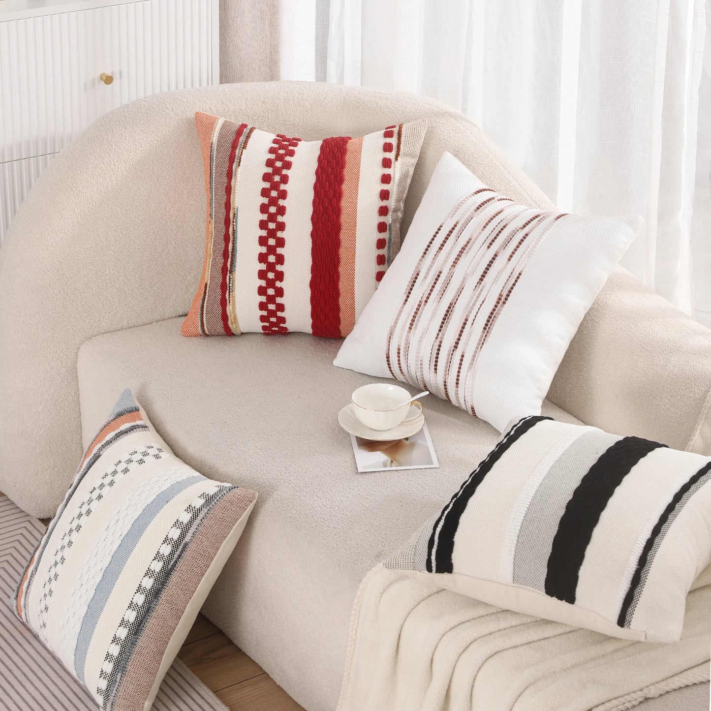 Boho Striped Chenille Throw Pillow Cover – Decorative Square Cushion for Cozy Home Accents