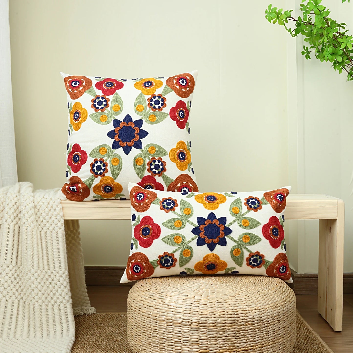 Boho Floral Embroidered Pillow Cover - Vibrant Canvas Decor