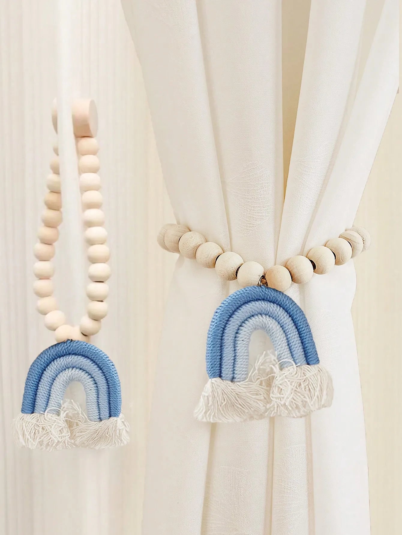 Magnetic Rainbow Macrame Curtain Tiebacks – Wooden Bead & Hemp Rope Holdbacks for Boho Home Decor