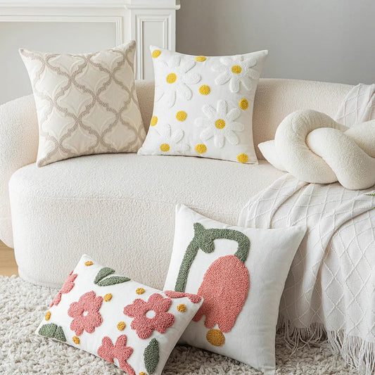 Embroidered Flower Throw Pillow Covers – Boho Cotton Cushion Covers for Bed, Sofa & Home Decor Housewarming Gift for Boho Lover 