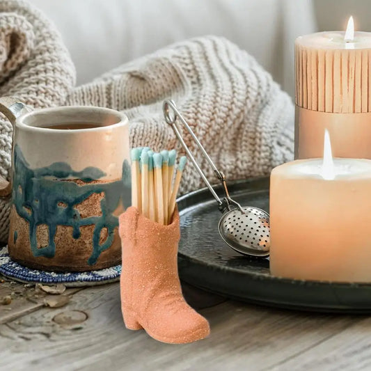 Ceramic Match Holder With Striker Cowboy Boot Shaped Boho Style Jar Fireplace Home Decor Container
