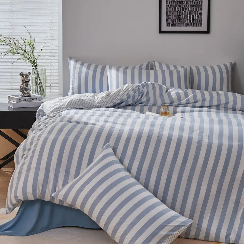 Blue Boho Striped Microfiber Bedding Set – 4-Piece Soft & Cozy Duvet Cover Set with Pillowcases & Flat Sheet