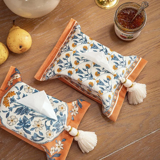 Decorative tissue holder with floral design on a wooden surface with pears and jam. boho home decor, reusable tissue bag, cotton tassel tissue holder, plush tissue organizer, bathroom tissue box cover, car tissue case, American style tissue pouch, soft fabric tissue holder, decorative tissue box, housewarming gift, eco-friendly storage