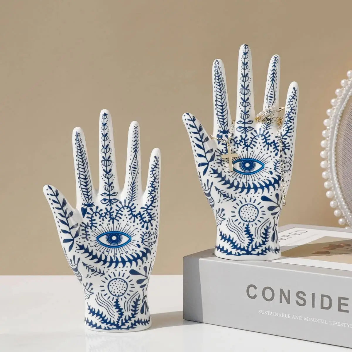 Ceramic Evil Eye Hand Jewelry Holder – Boho Display Stand for Rings, Bracelets & Necklaces