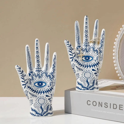 Ceramic Evil Eye Hand Jewelry Holder – Boho Display Stand for Rings, Bracelets & Necklaces