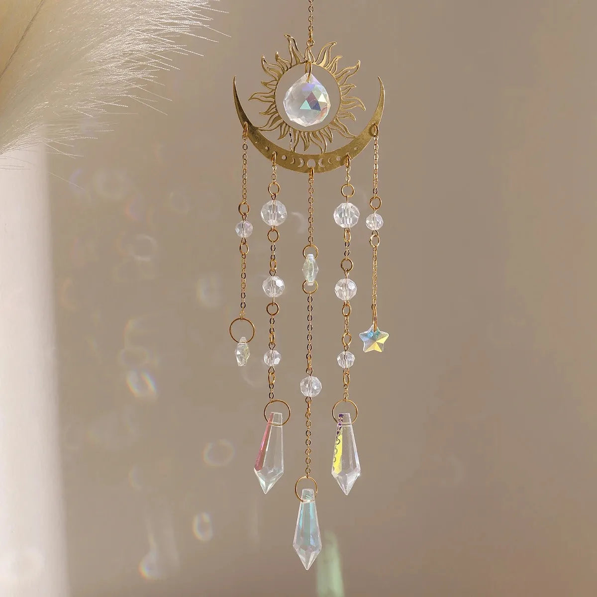 ✨ Gold Flame Moon Crystal Suncatcher – Outdoor Hanging Ornament for Garden & Window Decor