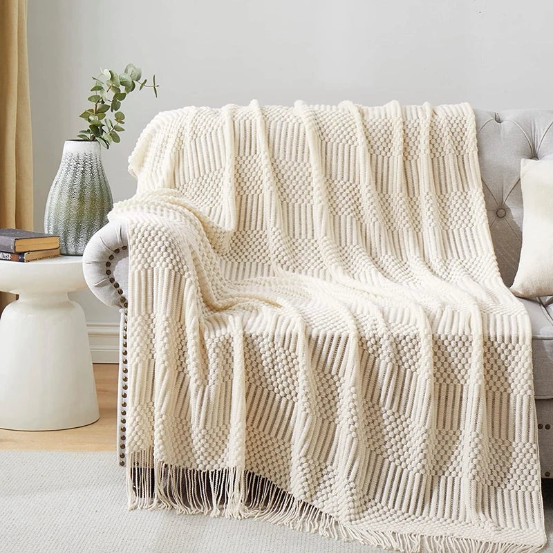 Soft Knit Boho Throw Blanket – Lightweight Acrylic Travel & Home Decor Accent with Fringe