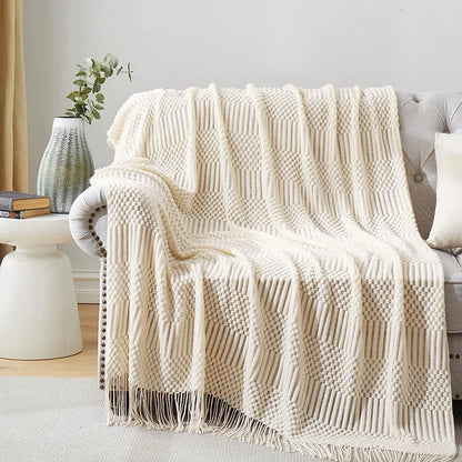 Soft Knit Boho Throw Blanket – Lightweight Acrylic Travel & Home Decor Accent with Fringe