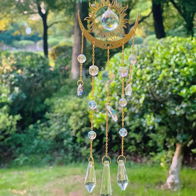 ✨ Gold Flame Moon Crystal Suncatcher – Outdoor Hanging Ornament for Garden & Window Decor