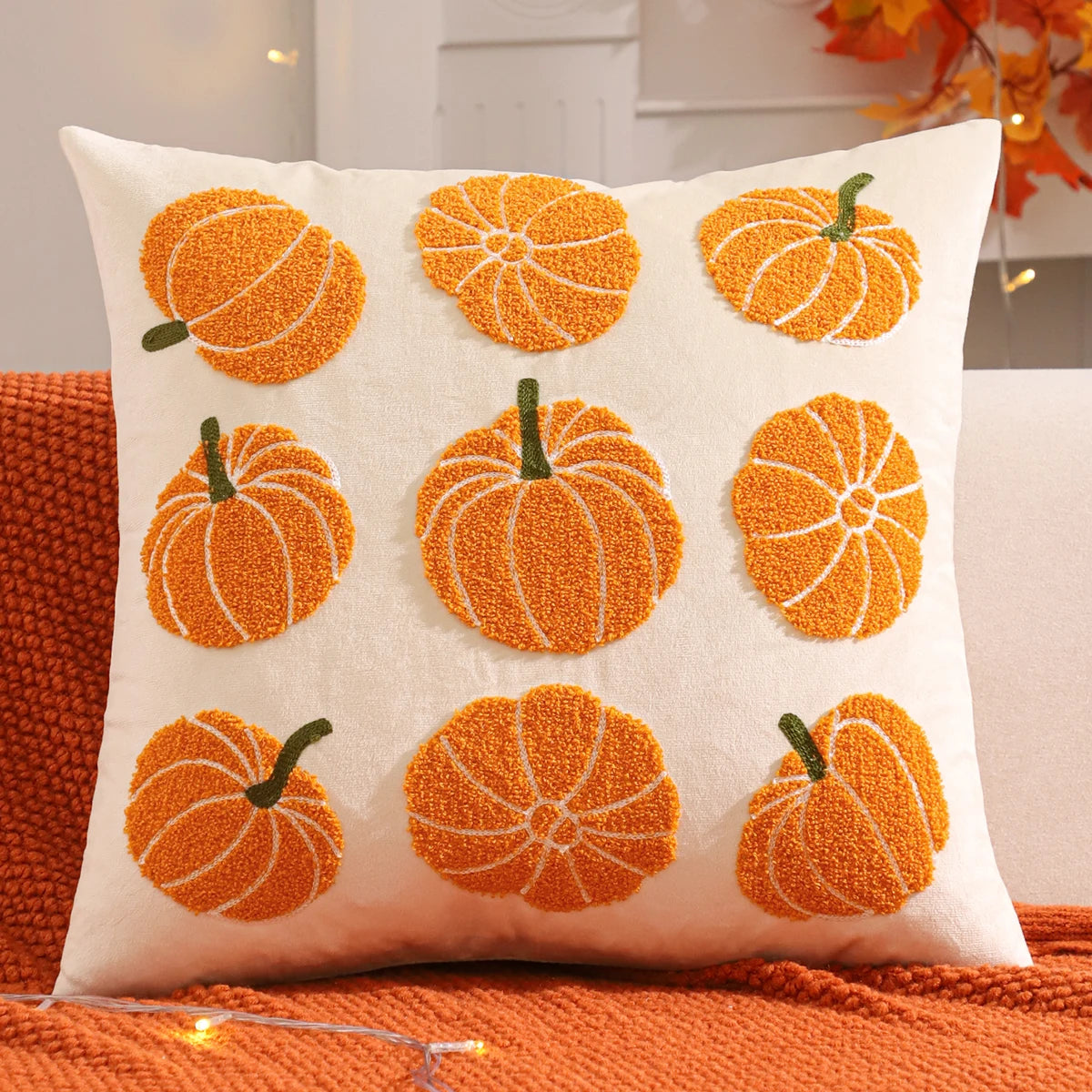 Halloween Pumpkin & Ghost Embroidered Velvet Pillow Cover – Festive Throw Cushion for Sofa, Bed & Home Decor