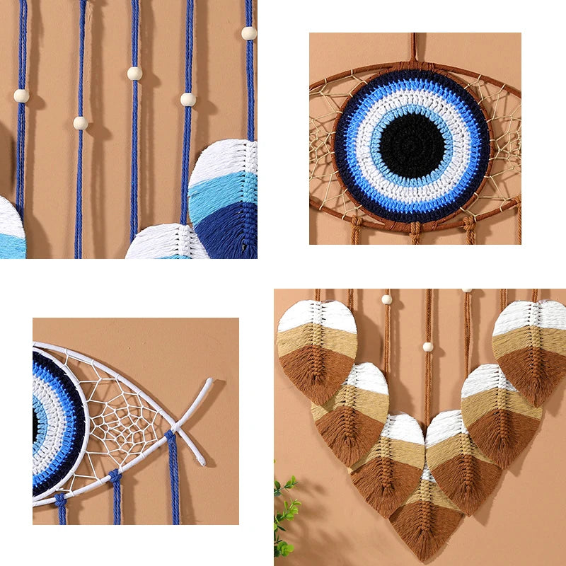 🧿 Blue Evil Eye Dream Catcher with Macrame Leafs – Boho Home Decor & Housewarming Gift | Handmade Wall Hanging for Bedroom or Living Room