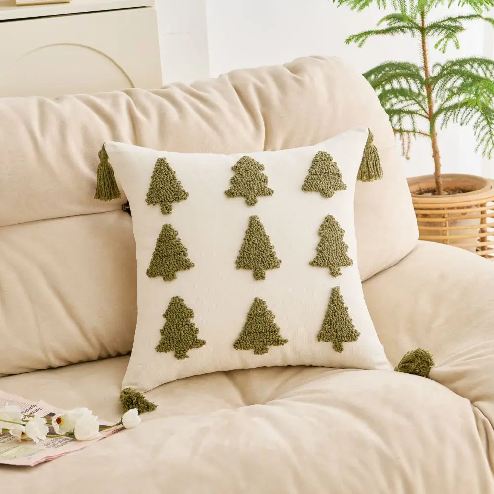 Tufted Pine Tree Winter Cushion Cover with Tassels