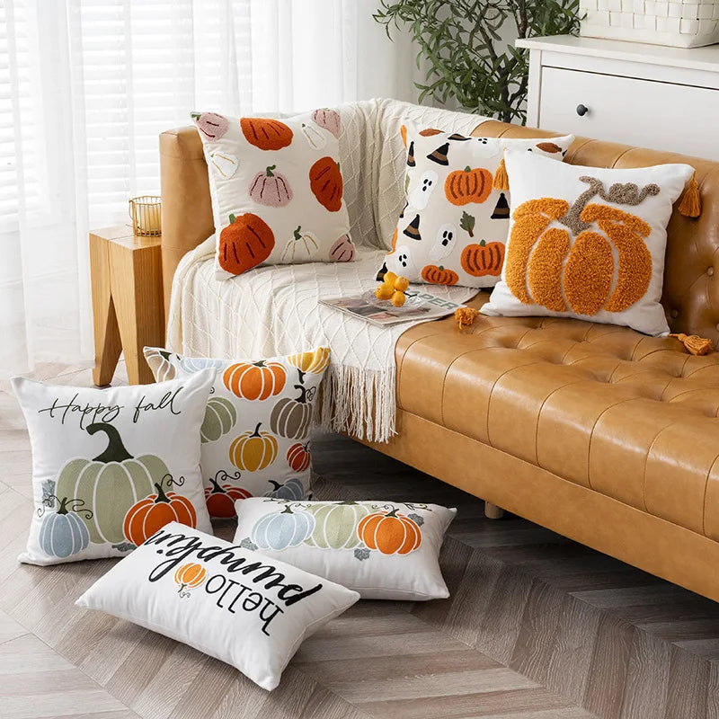 Embroidered Halloween Pumpkin Pillow Cover – Autumn Cushion for Sofa, Office & Home Decor