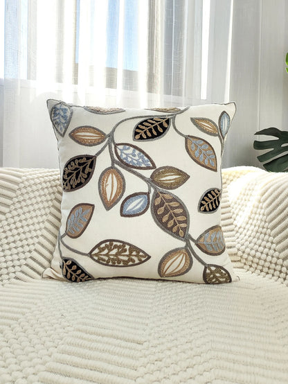 Leaf Embroidered Throw Pillow Cover – Canvas Cushion Cover for Boho Home Decor