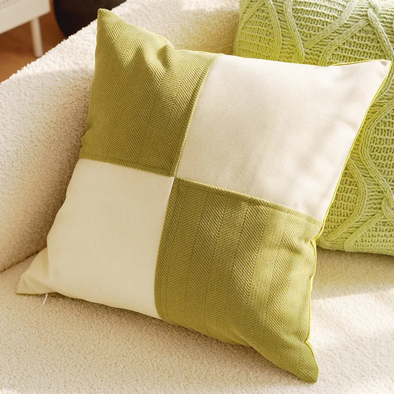 Green and white patchwork pillow on a beige sofa boho home decor, housewarming gift, embroidered pillow cover, flying bird cushion, animal pattern pillowcase, decorative throw pillow, Nordic cushion cover, luxury boho accent, sofa decor, nature-inspired pillow, canvas cushion case, textured home accessories